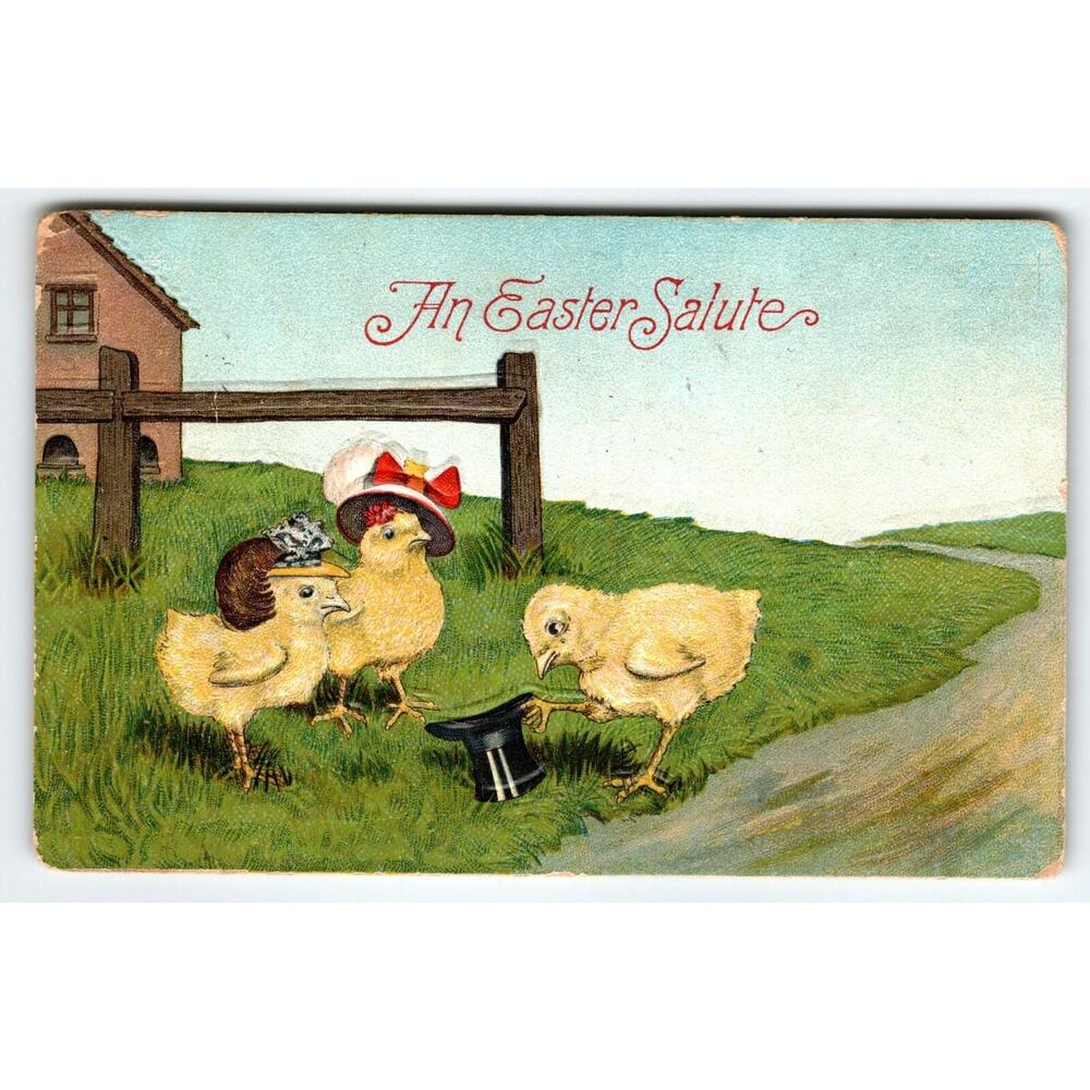 Easter Postcard 1900's Dressed Baby Chicks Top Hat Salute Vintage 1909 Embossed